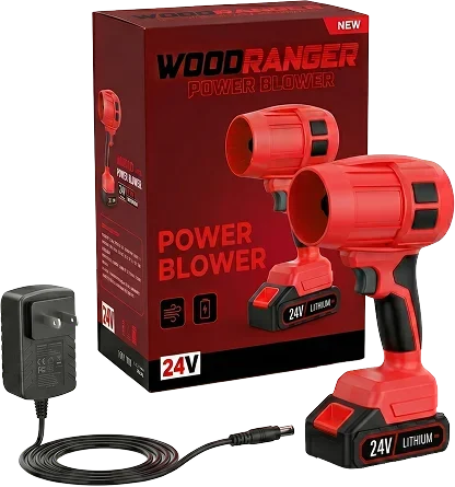 Wood Ranger Power Leaf Blower with its box, battery and charger