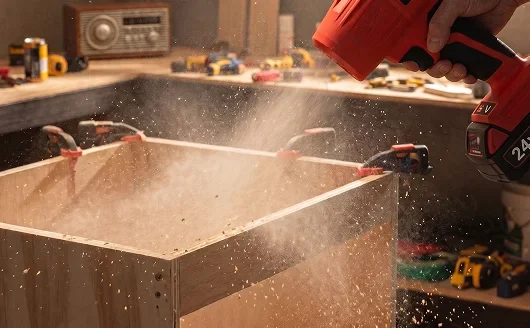 Blowing sawdust off a workbench